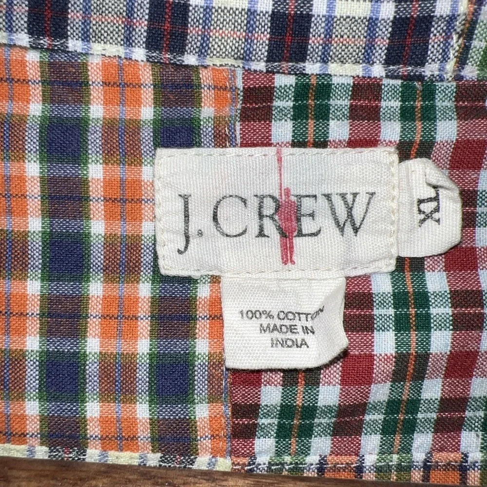 Vtg J. Crew Oarsman Multicolor Patchwork Madras Plaid Button Down Shirt Men XL